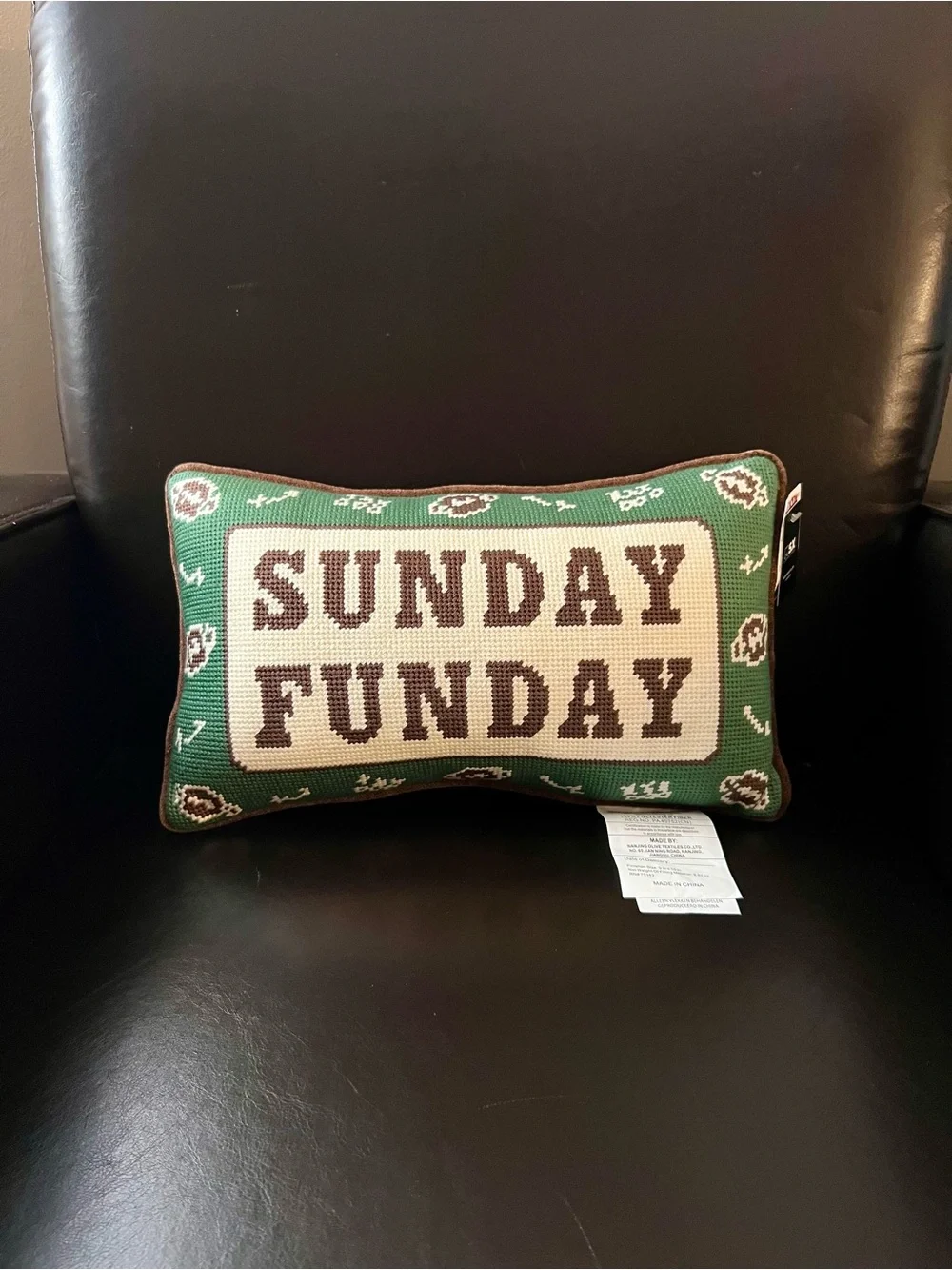 VIRAL Embroidered Needlepoint Pillow with SUNDAY FUNDAY Football Design